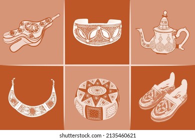 Moroccan cultural symbols SET. Morocco travel collection of icons, Vector isolated illustration, Terracotta colors.