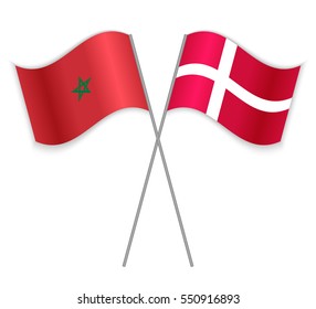 Moroccan and Danish crossed flags. Morocco combined with Denmark isolated on white. Language learning, international business or travel concept.