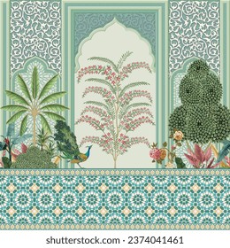 Moroccan decorative with peacock, dates tree, plant illustration for wallpaper 