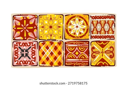 Padrão de azulejos decorativos marroquinos com ornamentos geométricos e florais tradicionais e motivos cerâmicos. Desenhos étnicos arabescos em estilo cartoon doodle, elementos de cultura de viagem, ilustração vetorial.