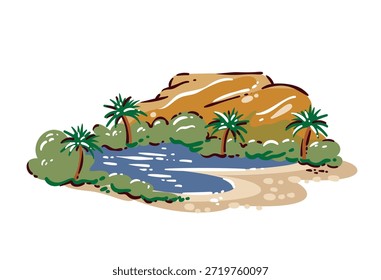 oásis no deserto marroquino com palmeiras, lagoa de água e colinas arenosas. Paisagem do Norte da África inspirada por temas de viagem e natureza, cores terrosas quentes, estilo de desenho animado, ilustração vetorial.