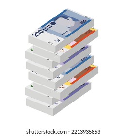 Moroccan Dirham Vector Illustration. Morocco, Ceuta, Melilla, Spain money set bundle banknotes. Paper money 20, 50, 100, 200 MAD. Flat style. Isolated on white background. Simple minimal design.