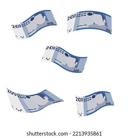 Moroccan Dirham Vector Illustration. Morocco, Ceuta money set bundle banknotes. Falling, flying money 200 MAD. Flat style. Isolated on white background. Simple minimal design.