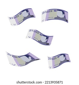 Moroccan Dirham Vector Illustration. Morocco, Ceuta money set bundle banknotes. Falling, flying money 20 MAD. Flat style. Isolated on white background. Simple minimal design.