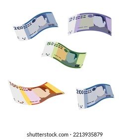 Moroccan Dirham Vector Illustration. Morocco, Ceuta money set bundle banknotes. Falling, flying money 20, 50, 100, 200 MAD. Flat style. Isolated on white background. Simple minimal design.