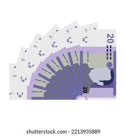Moroccan Dirham Vector Illustration. Morocco, Ceuta, Melilla, Spain money set bundle banknotes. Paper money 20 MAD. Flat style. Isolated on white background. Simple minimal design.