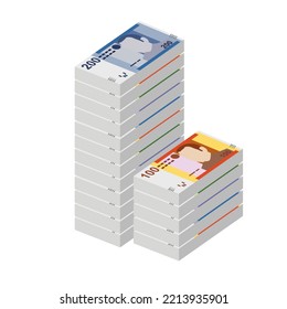 Moroccan Dirham Vector Illustration. Morocco, Ceuta, Melilla, Spain money set bundle banknotes. Paper money 20, 50, 100, 200 MAD. Flat style. Isolated on white background. Simple minimal design.