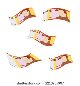 Moroccan Dirham Vector Illustration. Morocco, Ceuta money set bundle banknotes. Falling, flying money 100 MAD. Flat style. Isolated on white background. Simple minimal design.