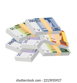Moroccan Dirham Vector Illustration. Morocco, Ceuta, Melilla, Spain money set bundle banknotes. Paper money 20, 50, 100, 200 MAD. Flat style. Isolated on white background. Simple minimal design.