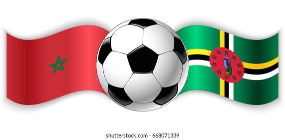 Moroccan and Dominican wavy flags with football ball. Morocco combined with Dominica isolated on white. Football match or international sport competition concept.