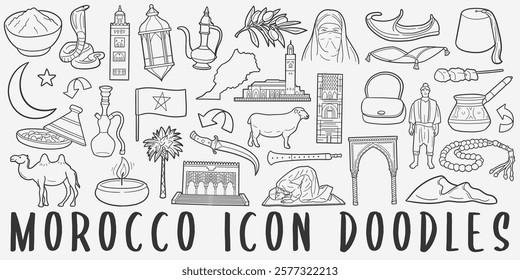 Moroccan Doodle Icons Black and White Line Art. Morocco Clipart Hand Drawn Symbol Design.