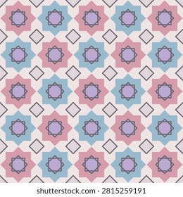 Moroccan eight point star mosaic seamless pattern, soft pastel shades. Seamless vector ethnic moroccan pattern with tessellated eight point stars with cross shaped connectors, soft pastel shades, for.