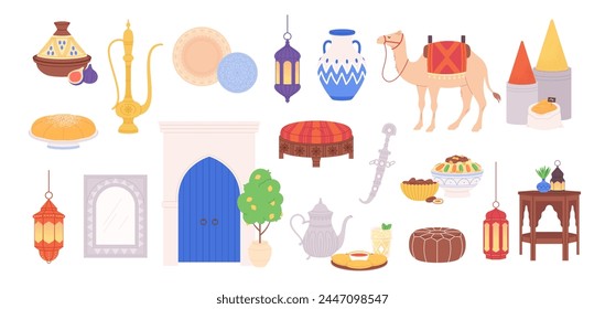 Moroccan elements. Arabian accessories, crockery, pots and lights. Decorative east lamps, ornamental plates, furniture and camel, racy vector set