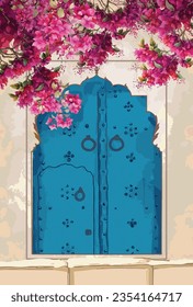 Moroccan ethnic door pattern with watercolor bougainvillea flowers illustration for wall art svg