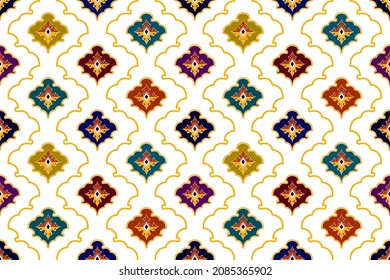 Moroccan ethnic pattern design. Aztec fabric carpet mandala ornament boho chevron textile decoration wallpaper. Tribal turkey African Indian traditional embroidery vector illustrations background 