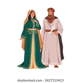 Moroccan family couple. Arab man and woman in national clothes, dressing. Arabic husband and wife wearing headscarf, traditional apparel, katan. Flat vector illustration isolated on white background