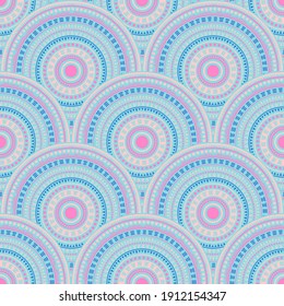 Moroccan fish scale batik print vector seamless pattern. Folk motifs colorful repeating geometry. Arabic ethnic medallion concentric shapes seamless geometric pattern.