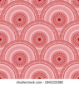 Moroccan fish scale embroidery vector seamless pattern. Oriental motifs contemporary repeating scallops. Arabic ethnic circle mandala elements seamless geometric pattern.