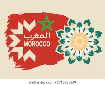 Moroccan flag brush stroke with geometric zellij and Islamic patterns, tourism and travel culture background of the Kingdom of Morocco.