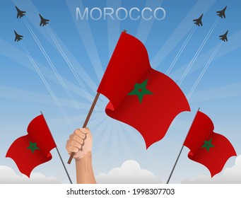 Moroccan flags flying under the blue sky langit