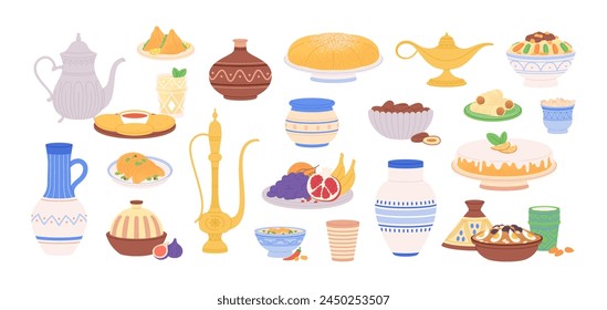 Moroccan food. Arabic pottery objects, traditional arabian meals and pastry. Decorative bowls and plates, jugs and vases. Racy vector east clipart