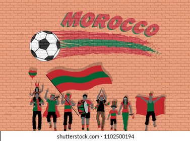 Moroccan football fans cheering with Morocco flag colors in front of soccer ball graffiti. All the objects are in different layers and the text types do not need any font. 