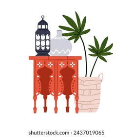 Moroccan furniture and home decorations, Arab vase and house plant. Traditional Morocco interior decor. Vintage table, houseplant, ornament. Flat vector illustration isolated on white background