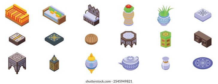 Moroccan furniture icons set. Isometric icons showcasing traditional moroccan furniture, decor, and cultural elements, capturing the essence of moroccan design