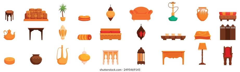 Moroccan furniture icons set. Oriental interior design elements including a hookah, furniture and decorative objects