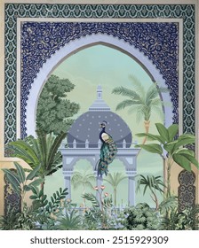 Jardim marroquino com arco, pavão, palácio, ilustração de árvore para convite de casamento, mural marroquino da parede.