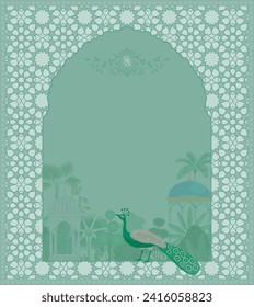 Moroccan garden arch, peacock, plant, illustration for invitation. Islamic greeting card temple design. 