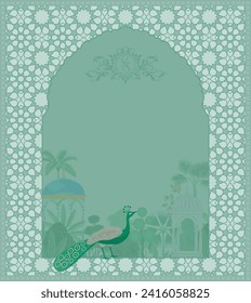 Moroccan garden arch, peacock, plant, illustration for invitation. Islamic greeting card temple design. 