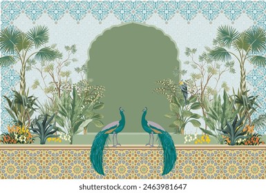 Moroccan garden Arch, peacock wallpaper illustrations.
Moroccan decorative wallpaper, palm tree, tropical plants illustration for wallpaper