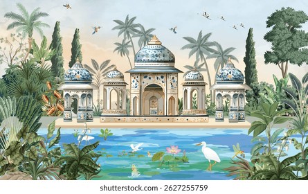 Moroccan Garden Illustration, Wall Mural, Moroccan Wallpaper, Birds, Watercolor Background.