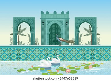 Jardín marroquí, lago, cisne, ilustraciones de Fondo de pantalla de pavo real. Lirio de agua y cisne en un hermoso lago.