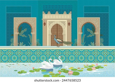 Jardín marroquí, lago, cisne, ilustraciones de Fondo de pantalla de pavo real. Lirio de agua y cisne en un hermoso lago.