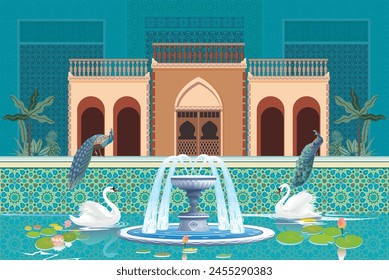 Moroccan garden, lake, swan, peacock wallpaper illustrations. Water lily and swan in a beautiful lake.