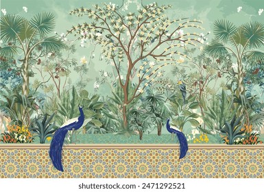 Moroccan garden , peacock wallpaper illustrations.
Moroccan decorative wallpaper, palm tree, tropical plants illustration for wallpaper