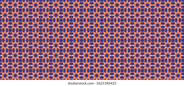 Moroccan Geometric Pattern in bright orange-red and indigo-blue, interlocking symmetrical design with cream spacing, dense retro digital repeat