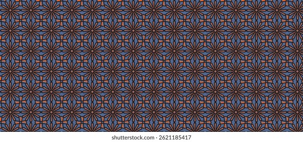 Moroccan Geometric Pattern  repeating  with stylized flower motifs in gray-blue and burnt orange, dense latticework design, seamless interconnected grid structure