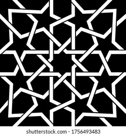 Moroccan geometric tile white design on black background, Moorish seamless vector pattern, Geometric abstract tiles.  
Repetitive abstract mosaic background inspired by ceramic tiles from Morocco
 
 