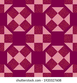 Moroccan geometric vector pattern background. Grid backdrop with monochrome pink stone terrazzo textured rhombus and squares. Modern Moorish block repeat with tiled square and rectangular shapes.