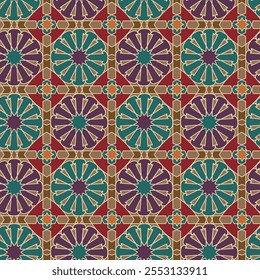 Moroccan graphic tile pattern in 8 rich earth tones. Teal, purple, orange, red and browns. Seamless Vector Repeat. Eight colors.