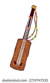 Moroccan guembri traditional string instrument with carved wooden body, long neck and decorative beads. Gnawa music symbol in cartoon doodle style, travel culture element, vector illustration.