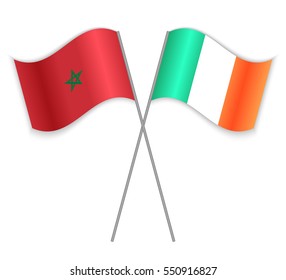 Moroccan and Irish crossed flags. Morocco combined with Ireland isolated on white. Language learning, international business or travel concept.