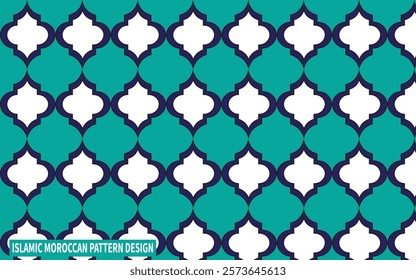 Moroccan Islamic Pattern Design with Cyan and White Colour.Seamless Moroccan Mosaic Pattern. Ramadan Traditional Golden Mosque Motif.