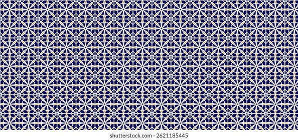 Moroccan Islamic-Inspired Geometric Tessellation Pattern with Star Motifs in Beige on Navy Blue, Intricate Mosaic Tile Design with Precise Interconnected Lines