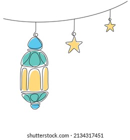 Moroccan lantern and star, continuous single line drawing, as template for ramadan kareem and eid al fitr, isolated on white background. vector illustration.