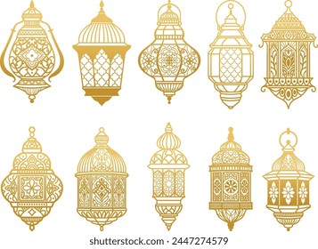 Moroccan lanterns clipart. Arabian lamp pattern. Arabic golden ornament