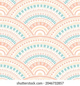 Moroccan mandala circles batik print vector seamless pattern. Tribal motifs handmade repeating scallops. Arabic folk circle mandala elements seamless geometric pattern.